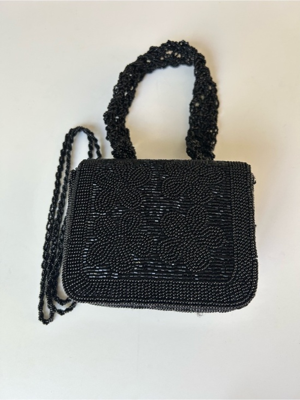Elegant Mini Black Beaded Floral Evening Crossbody Bag, with Mirror